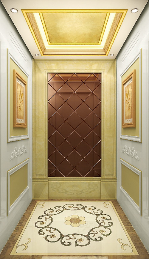 Side-wall creamy white baked enamel docoration palinting rear-wall marble grain linlaid with rose gold mirror stainless steel villa elevator QP-V003